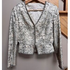 VTG Victoria Royal Ltd Hong Kong Jacket‎ Blazer Sz 6 Silver Gray Beaded Floral